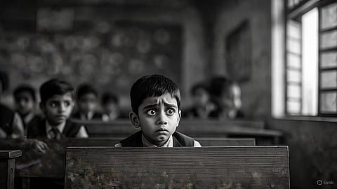 An image of a student looking scared sitting on a school bench.