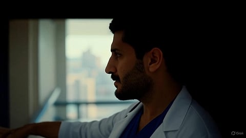 A doctor standing on a balcony.