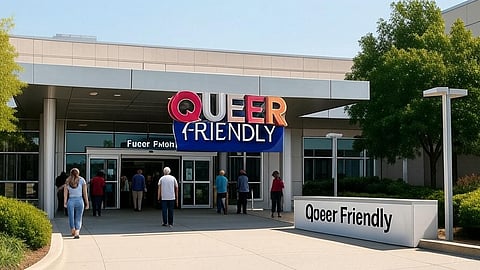 An image of a hospital with queer friendly board.