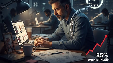 Image of a man with a beard sitting intensely focused on his laptop in a dimly lit office setting. A sign showing 85% unpaid tasks.