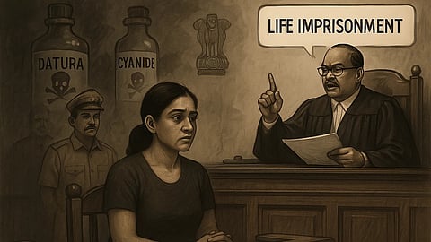 A woman in a court where a judge is giving a verdict of life imprisonment.