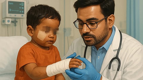 An Indian boy is in a hospital with his face blurred and with bandages on his hand and a doctor is examining him.