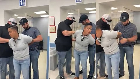 Images showing ICE agents handcuffing Jessie Fuentes inside the hospital ER.