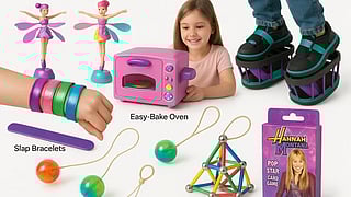 A collage of toys including slap bracelets, easy bake oven etc.