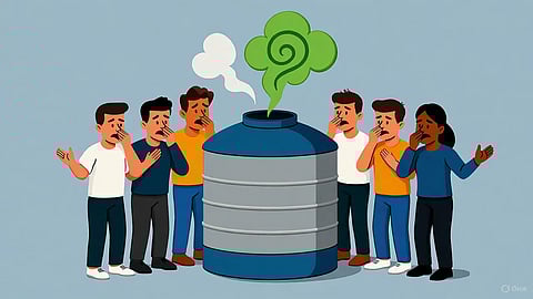 An image of a stinking water tank and people surrounding it.