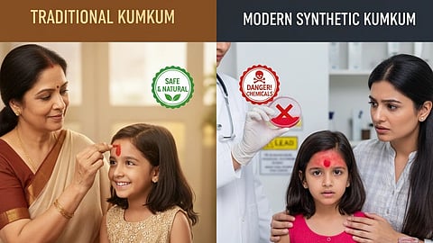 Contrasting images showing a side of traditional and safe kumkum while other showing modern and harmful kumkum.