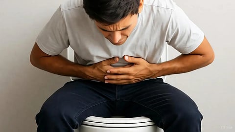 An image of a man sitting on the toilet street.