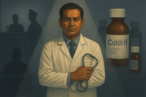 A symbolic editorial illustration showing a doctor in a white coat standing in front of a blurred courtroom or police silhouette.