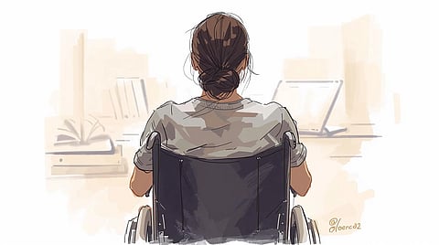 A respectful digital portrait of a young South Asian woman in her early 30s, seated in a wheelchair, wearing casual modern clothing, determined, symbolizing resilience and ambition.