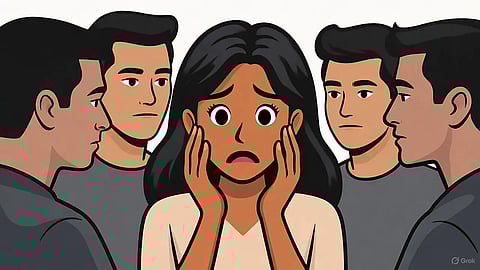 An image of a girl surrounded by 4 men.