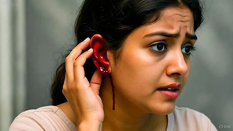 An image of a girl experiencing bleeding in her earlobe.