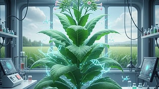 Greenhouse filled with genetically modified plants used for producing therapeutic proteins — symbolizing the fusion of agriculture and biotechnology in modern medicine.