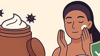Graphics of a woman applying cream over her face with a jar of cream.
