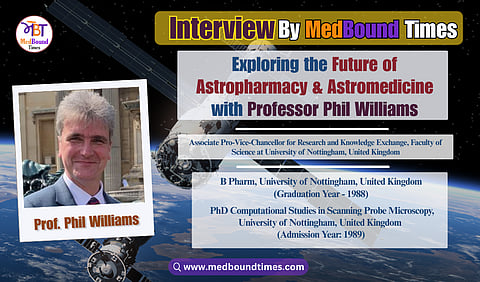 An Image of Prof. Phil Williams, Associate Pro-Vice-Chancellor for Research and Knowledge Exchange, Faculty of Science at University of Nottingham, with the title of this interview, Exploring the Future of Astropharmacy & Astromedicine.