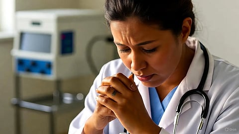 An image of a woman doctor looking sad.