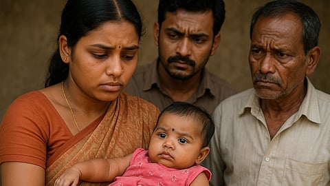 A woman is holding a female baby in her hands while two males are also looking at the baby in discontentment indicating female infanticide chances.