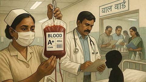 A nurse is hanging a blood bag for transfusion in a pediatric ward while a doctor is looking at a file and others in background are checking some papers.