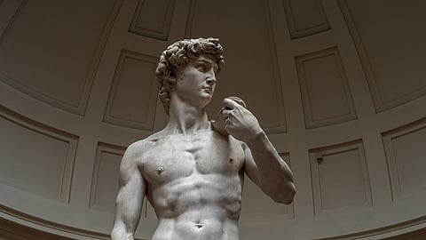 Michelangelo's David - right view, c. 1501–1504. Marble, 517 × 199 cm (17 × 6.5 ft). Galleria dell'Accademia, Florence