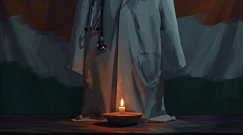 A symbolic digital painting with an editorial realism style, conveying respect and remembrance. A doctor's crisp white coat and stethoscope hang gently beside a softly glowing diya or candle, their warm light illuminating the scene.