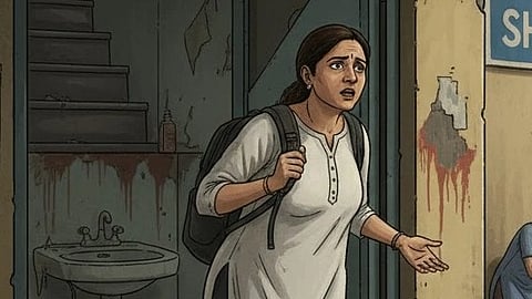 Illustration of a woman in a very tensed mood as she can't able to find a hygienic washroom.