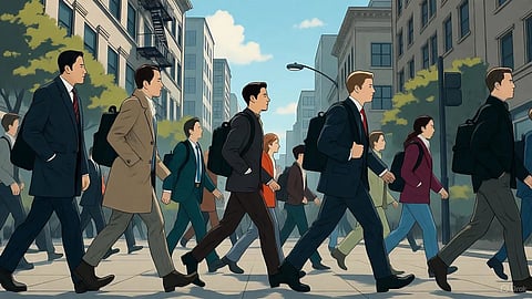 An image of people rushing to work.