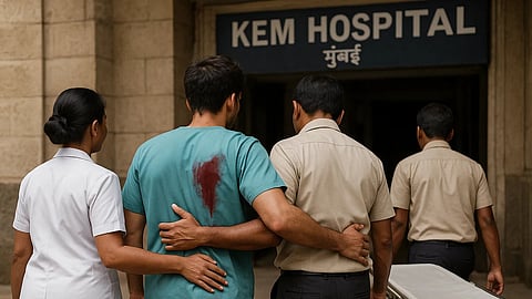 A doctor in blue scrubs is being helped inside KEM hospital by a nurse and other people.