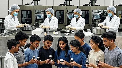 An image og workers manufacturing medicines and youth holding bottles of pills.
