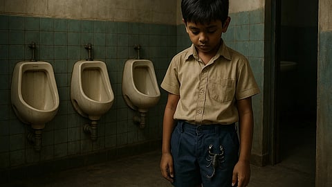 A boy standing alone in a dirty school toilet and scorpion on his pant.
