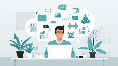 A young professional sitting at a laptop, surrounded by floating icons like emails, notifications, and graphs, transitioning into wellness symbols like yoga, heartbeat, and coffee.