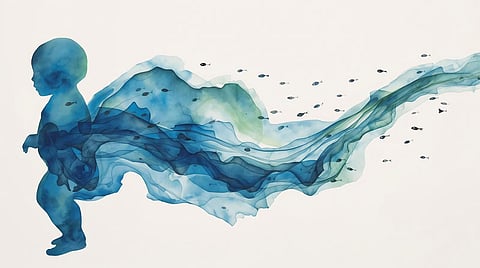 Loose watercolor washes in blue‑green flowing outward from a central silhouette a 1 year old baby, with tiny dissolving fish shapes integrated into the wash as a metaphor. Style: editorial, artistic.
