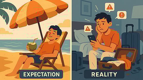 Split-screen digital art showing ‘expectation vs reality’ of vacations — one half peaceful beach, the other chaotic travel scene with delays, stress, and clutter. Balanced warm and cool tones.