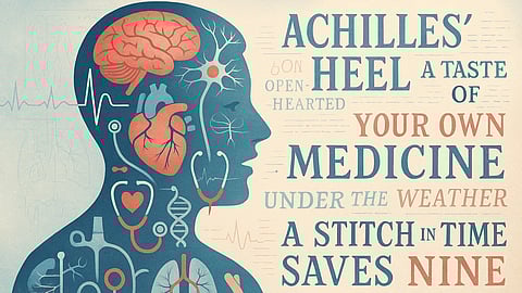 An illustration of a human and several medical idioms written on the image.