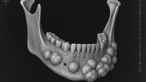 AI image showing multiple osteomas, tumors on mandible.