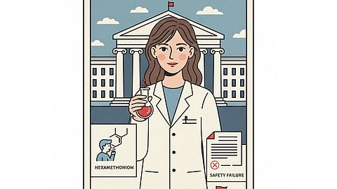 An illustration of a laboratory technician having a conical flask in her hands.