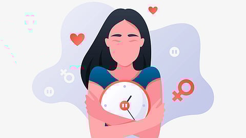 Illustration of a woman with long hair hugging a clock with pause button. Surrounding her are female symbols and hearts on a purple background.