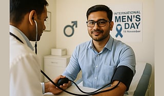 A confident Indian man in a clinical setting with soft lighting, doctor measuring blood pressure, subtle International Men’s Day 19 November ribbon or symbol in background, realistic editorial photography style.