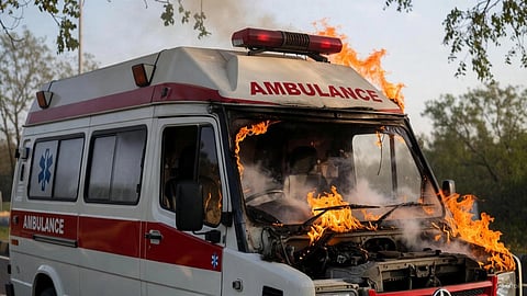 An image of an ambulance on fire.