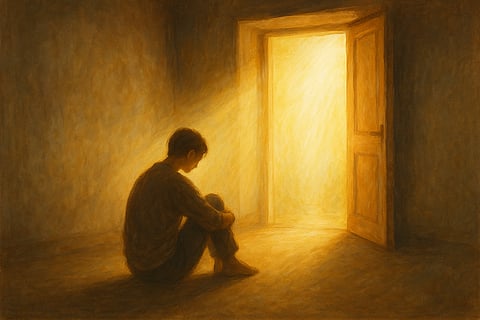 A person sitting with light entering through an open door or window—symbolizing help, support, and hope. Gentle, uplifting.