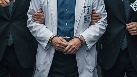 Image of a doctor having handcuffs surrounded by police.