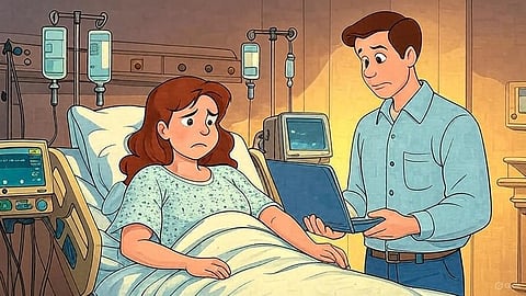 An image of a woman on hospital bed and a man standing next to her with a laptop.