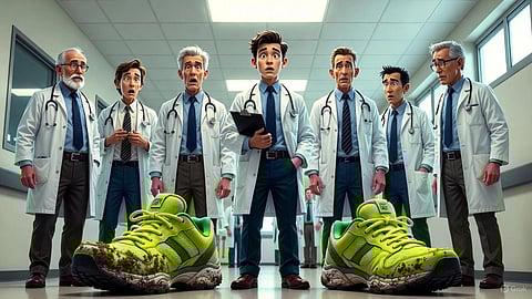 An image with a group of doctors standing surrounding dirty shoes.