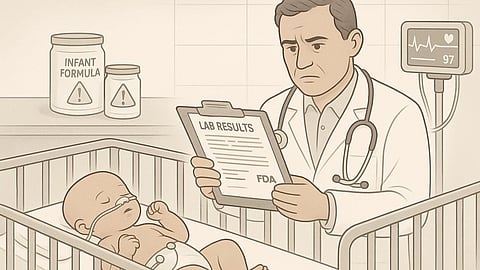 An AI image of a newborn baby in a hospital and a doctor looking at some lab results.