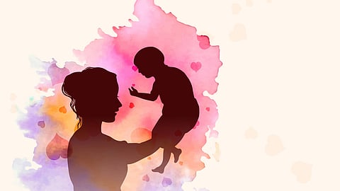 Illustration of a woman carrying her baby.