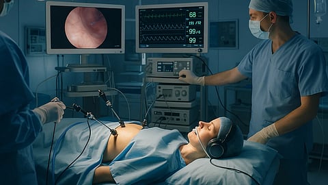 A woman undergoing a surgery with headsets on, but unconscious.