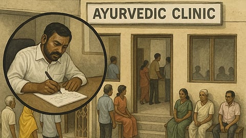 A doctor in focus writing a prescription for a patient inside an Ayurvedic clinic. several patients are waiting outside the clinic.
