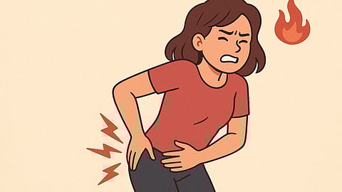 Illustration of a woman having butt cramps during her periods.