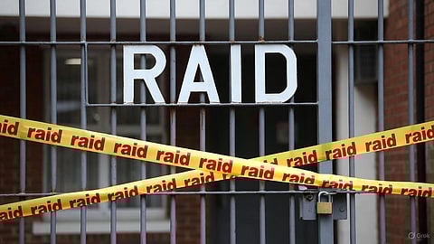 An image of college doors with crime tape that says raid.