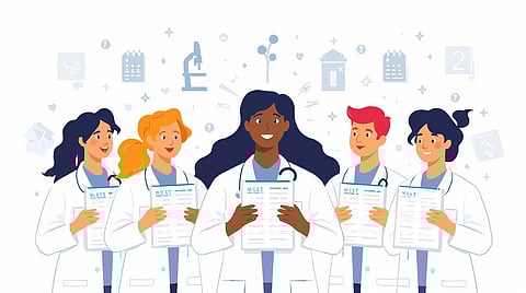 Illustration of students in lab coats holding NEET exam papers, with healthcare icons surrounding them. Clean, modern education-policy style with text space for headline.
