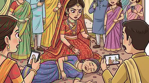 Image showing the bride in her wedding attire attending to a female guest who lost consciousness, while onlookers record the incident on their phones.