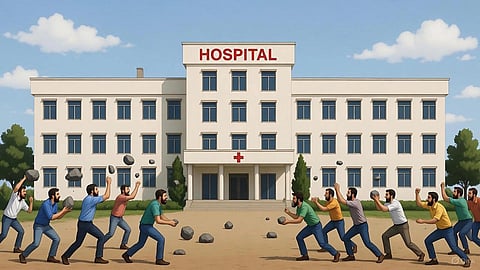 An image of people throwing stones at a hospital.